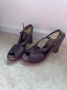 Cole Haan Dark Brown Woven Leather Peep-Toe Slingback Heels